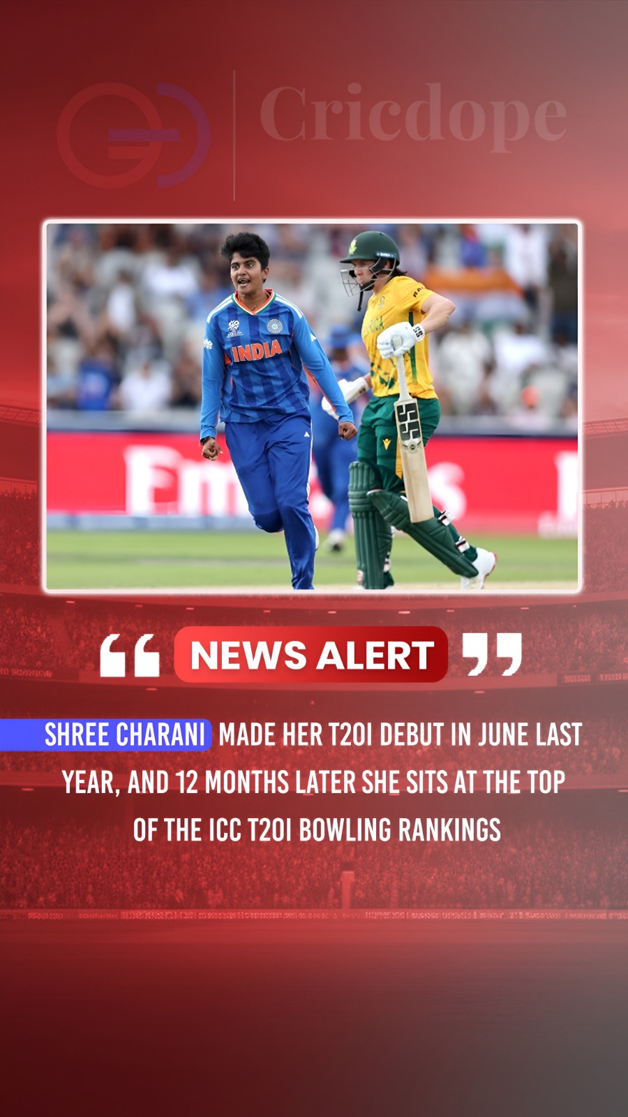 Shree Charani rises to No.1 in ICC T20I Bowling Rankings just 12 months after de