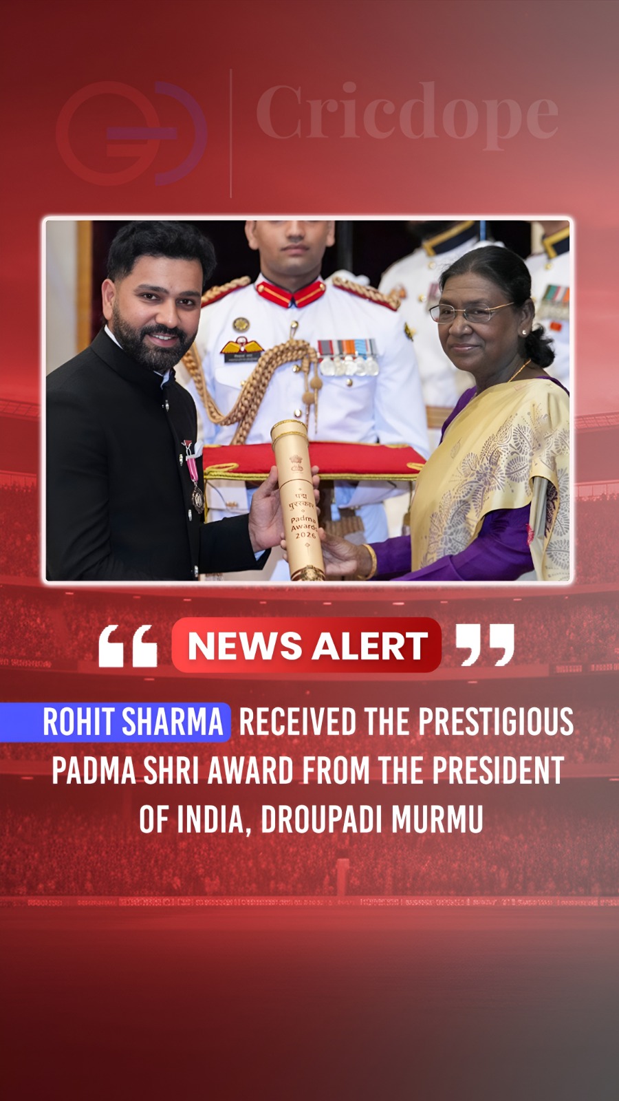 Rohit Sharma receives the prestigious Padma Shri from President Droupadi Murmu