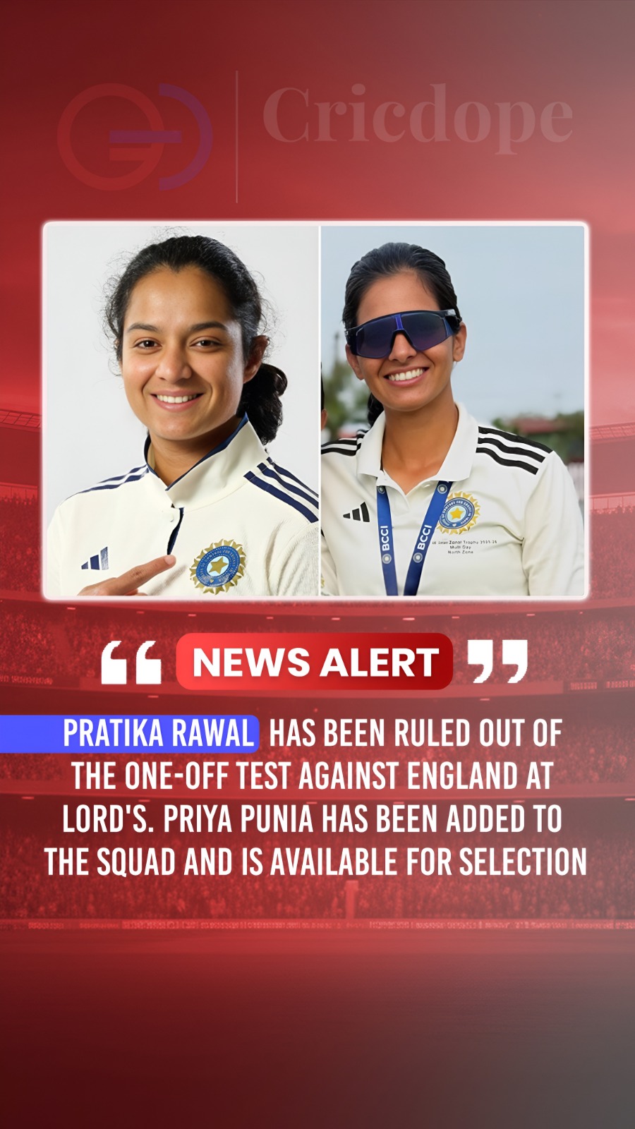 🚨 Priya Punia replaces injured Pratika Rawal in India's squad for the one-off L