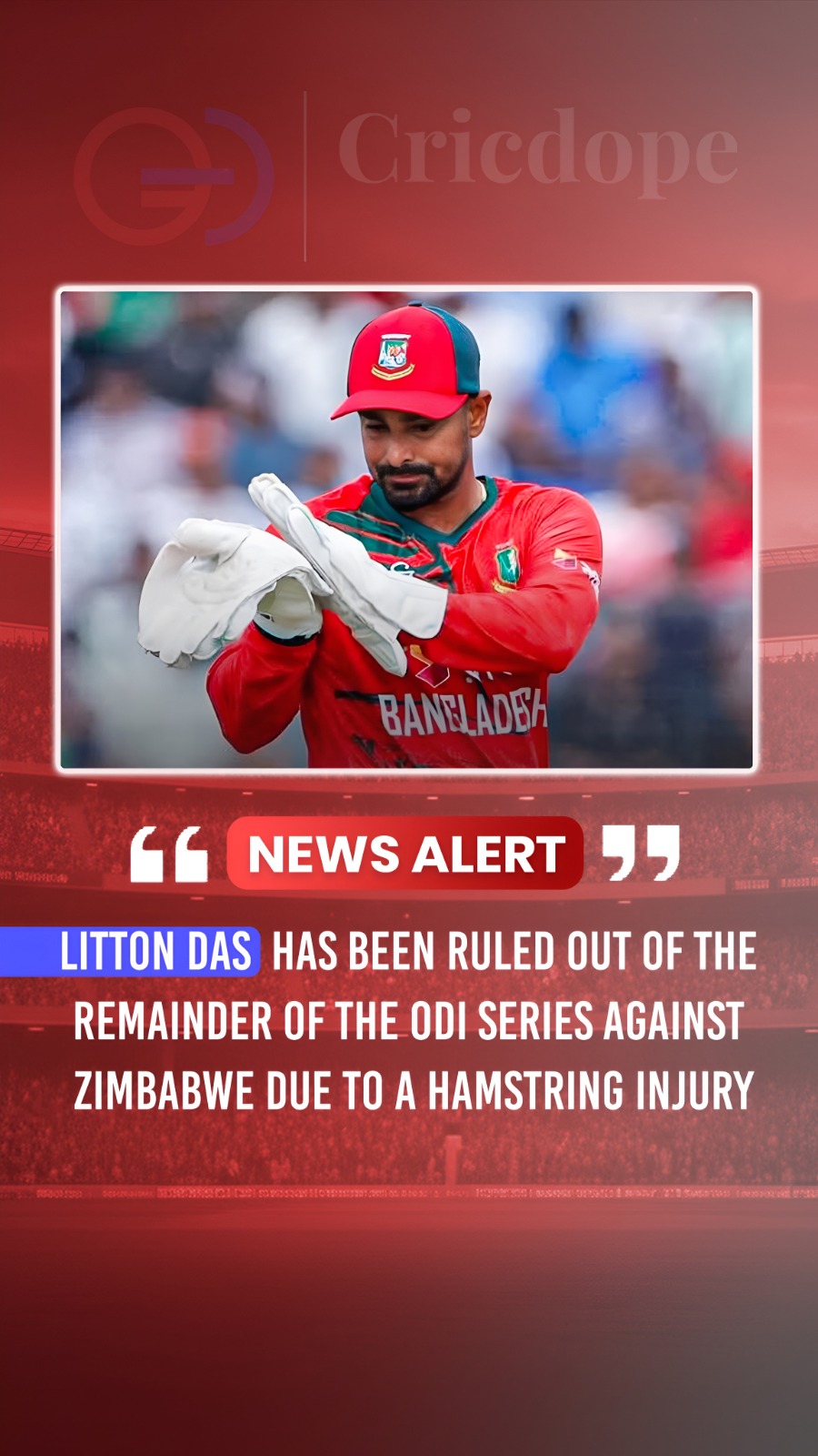 🚨 Litton Das ruled out of the remaining ODI series vs Zimbabwe with a hamstring
