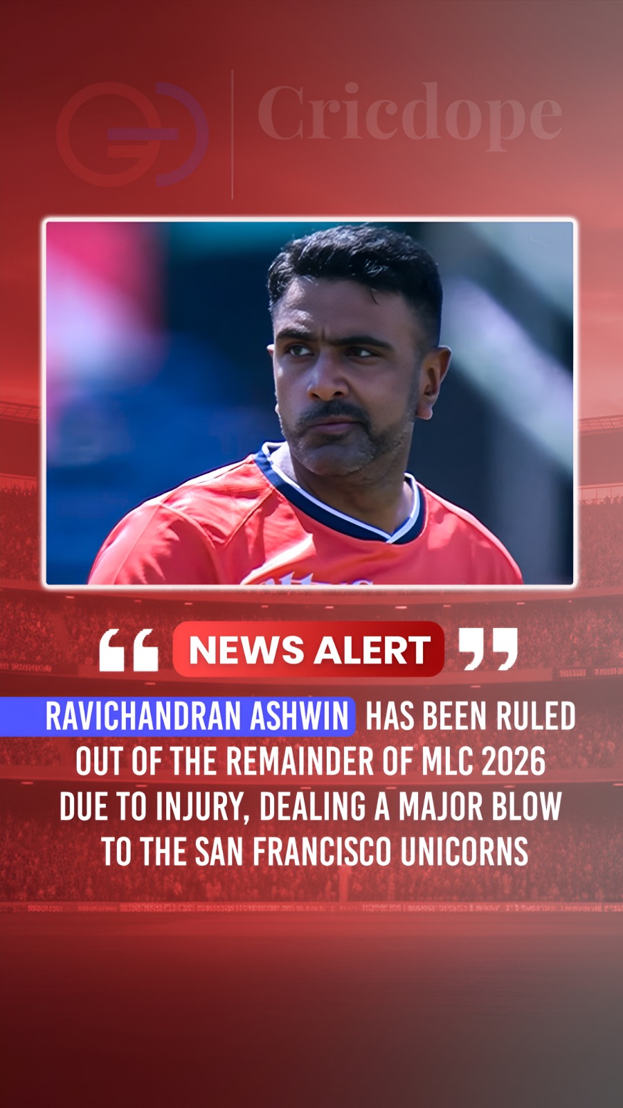 🚨 Ravichandran Ashwin ruled out of the rest of MLC 2026 with an injury. Get wel