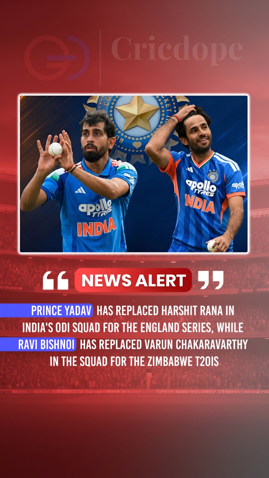 🇮🇳 Squad update: Prince Yadav replaces Harshit Rana, Ravi Bishnoi replaces Var