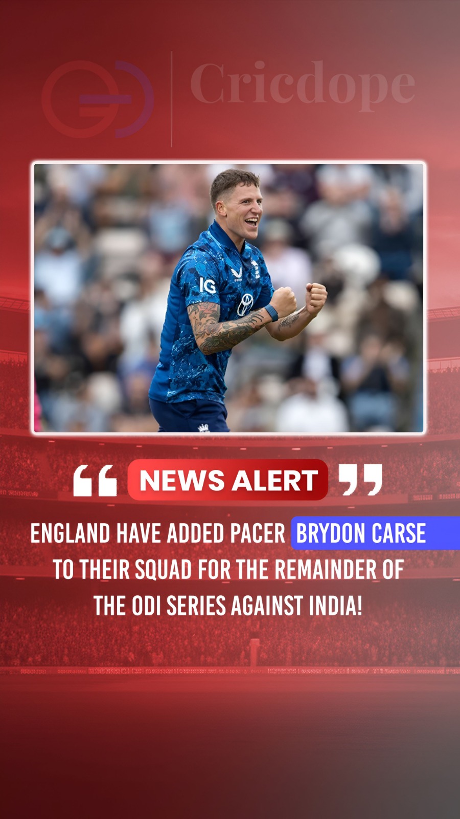 🏏 England add Brydon Carse to their squad for the remaining ODIs against India.