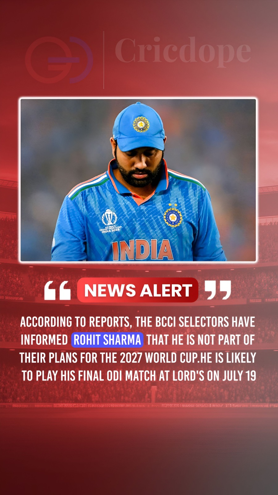 🇮🇳 Reports suggest Rohit Sharma may not be in India's 2027 World Cup plans. 🏏
