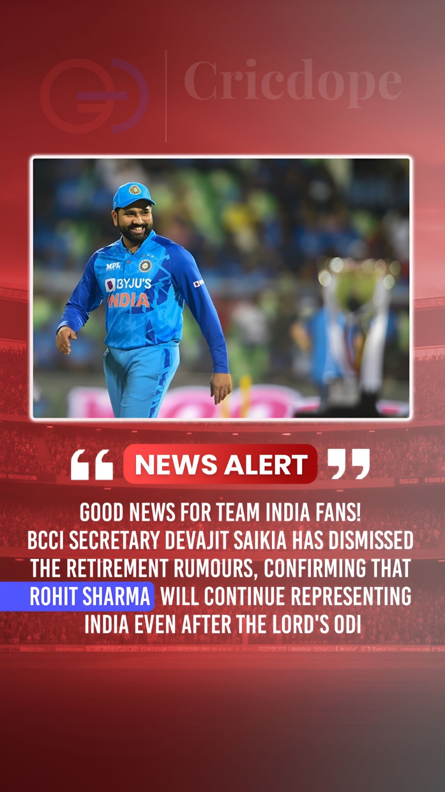 🇮🇳 BCCI confirms Rohit Sharma will continue playing for India, dismissing reti