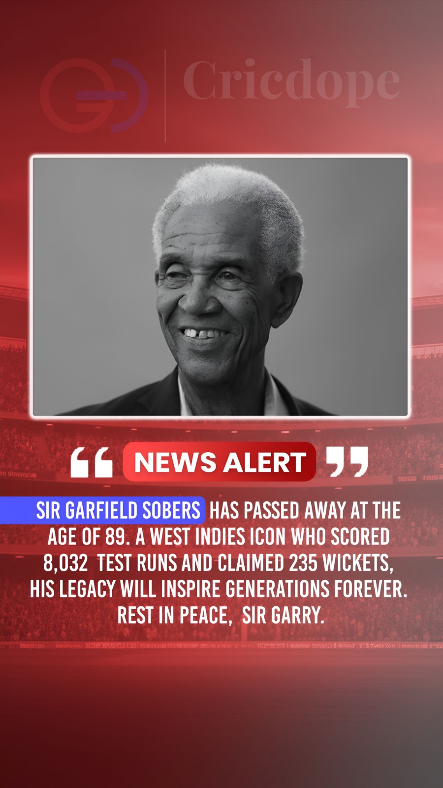 🕊️ Cricket legend Sir Garfield Sobers passes away at 89. Rest in peace, Sir Gar