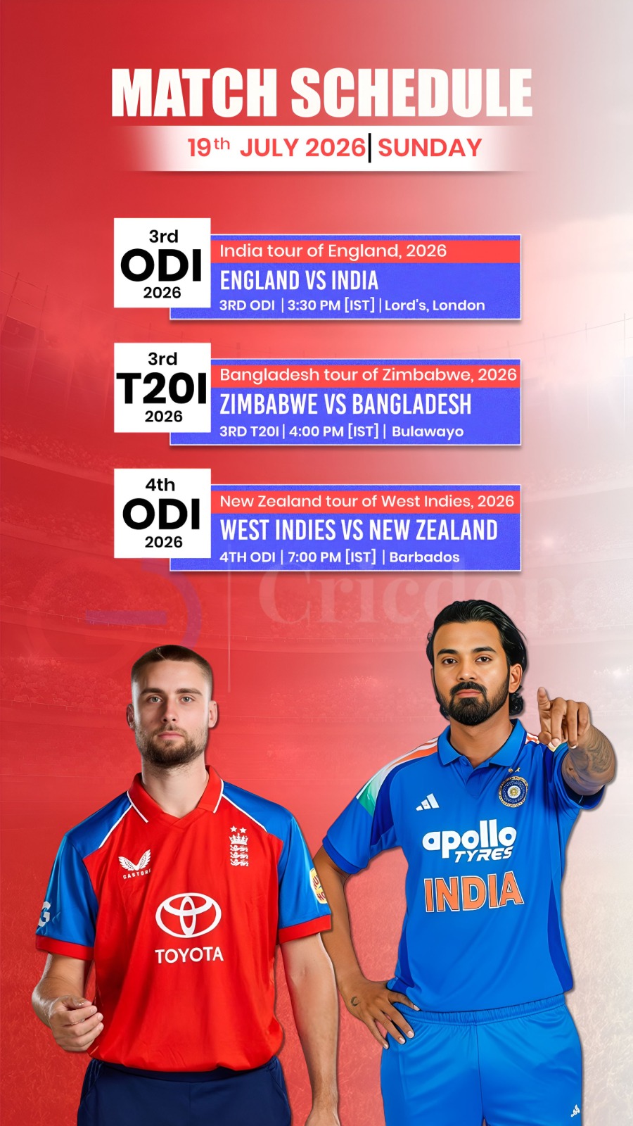 🏏 Super Sunday: England vs India, Zimbabwe vs Bangladesh & WI vs NZ. Which game