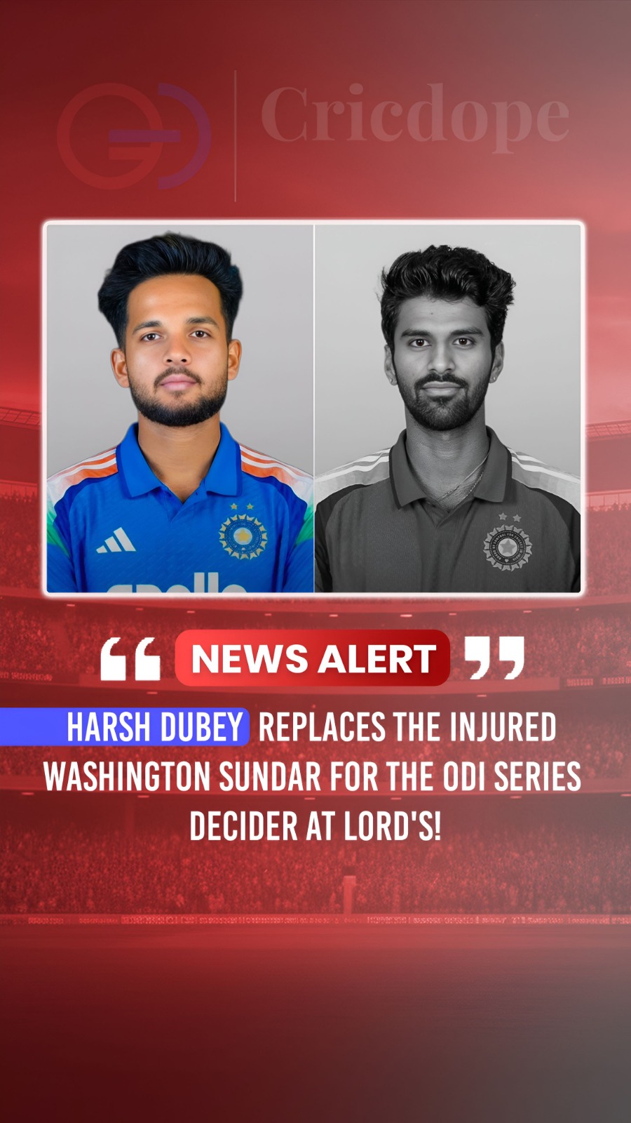 🇮🇳 Harsh Dubey replaces injured Washington Sundar for India's ODI decider agai