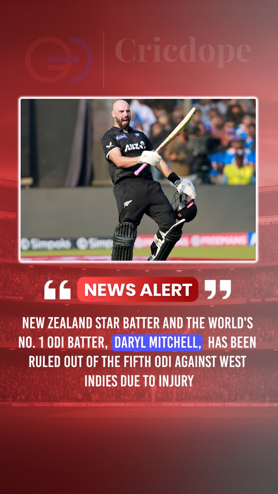 🚨 Daryl Mitchell ruled out of New Zealand's 5th ODI against West Indies due to