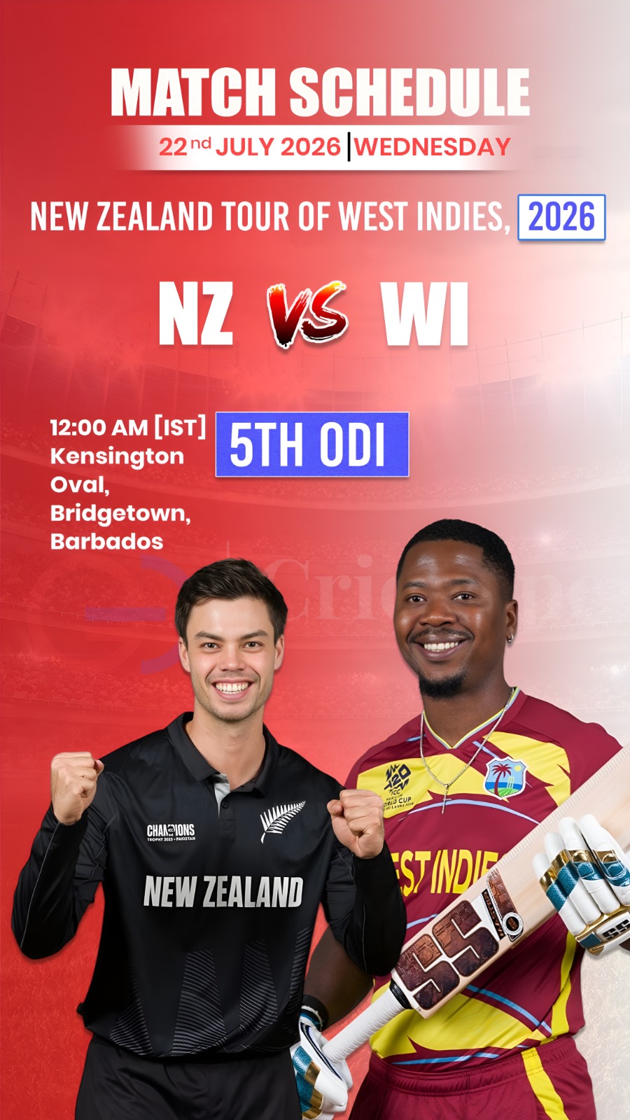 🏏 Matchday: New Zealand face West Indies in the 5th ODI at Kensington Oval. Who
