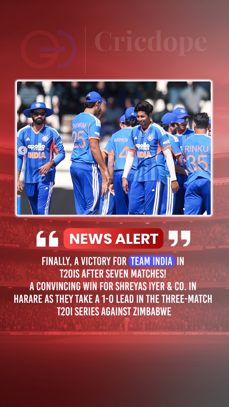 🇮🇳 India beat Zimbabwe in Harare to take a 1-0 lead in the T20I series. 🏏🔥