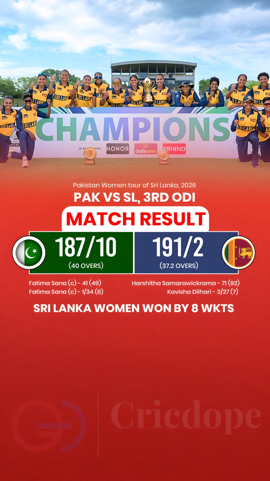 🏆🇱🇰 Sri Lanka Women beat Pakistan by 8 wickets to clinch the ODI series! 🔥