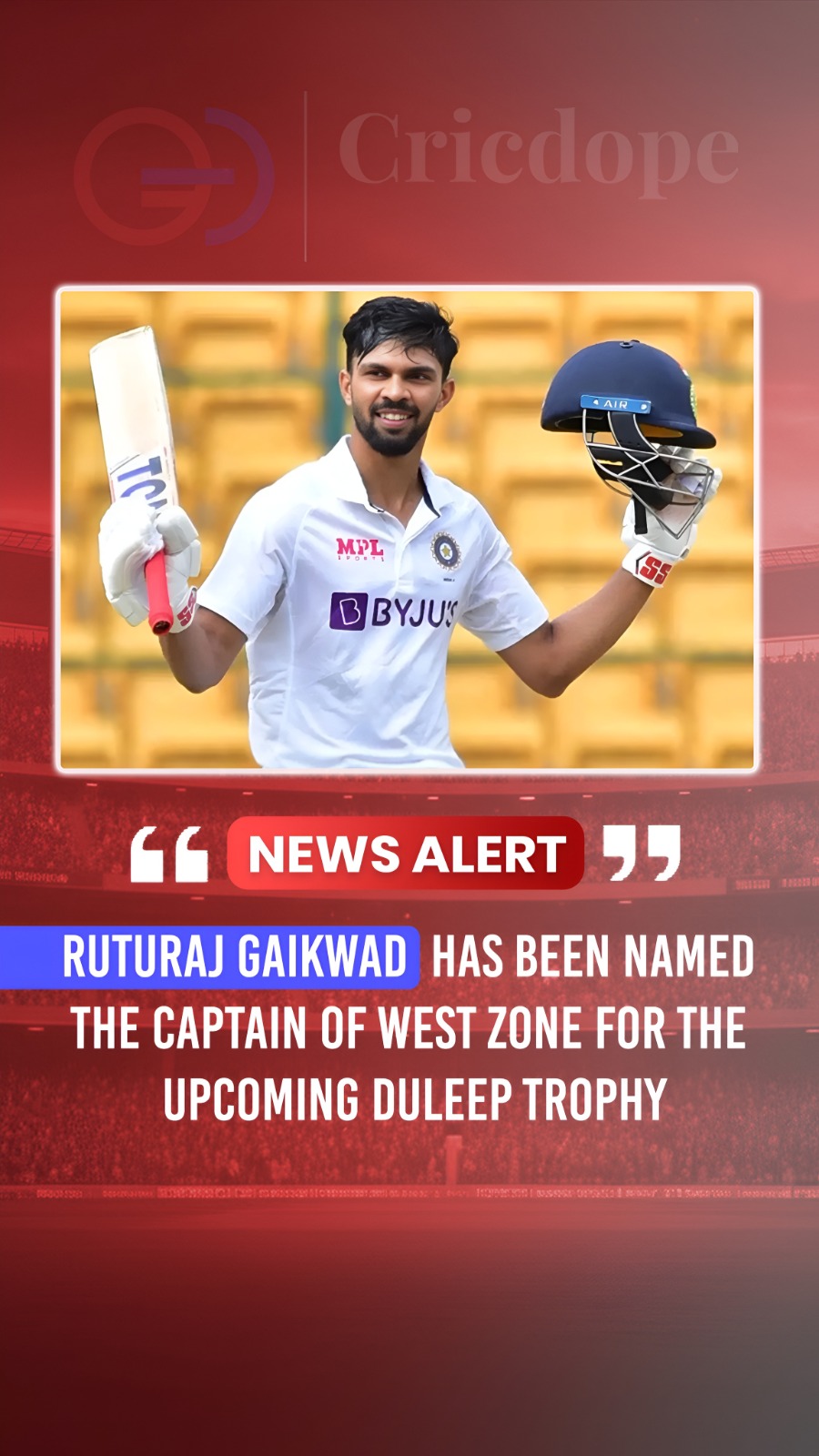 🏏 Ruturaj Gaikwad named West Zone captain for the upcoming Duleep Trophy. 🔥