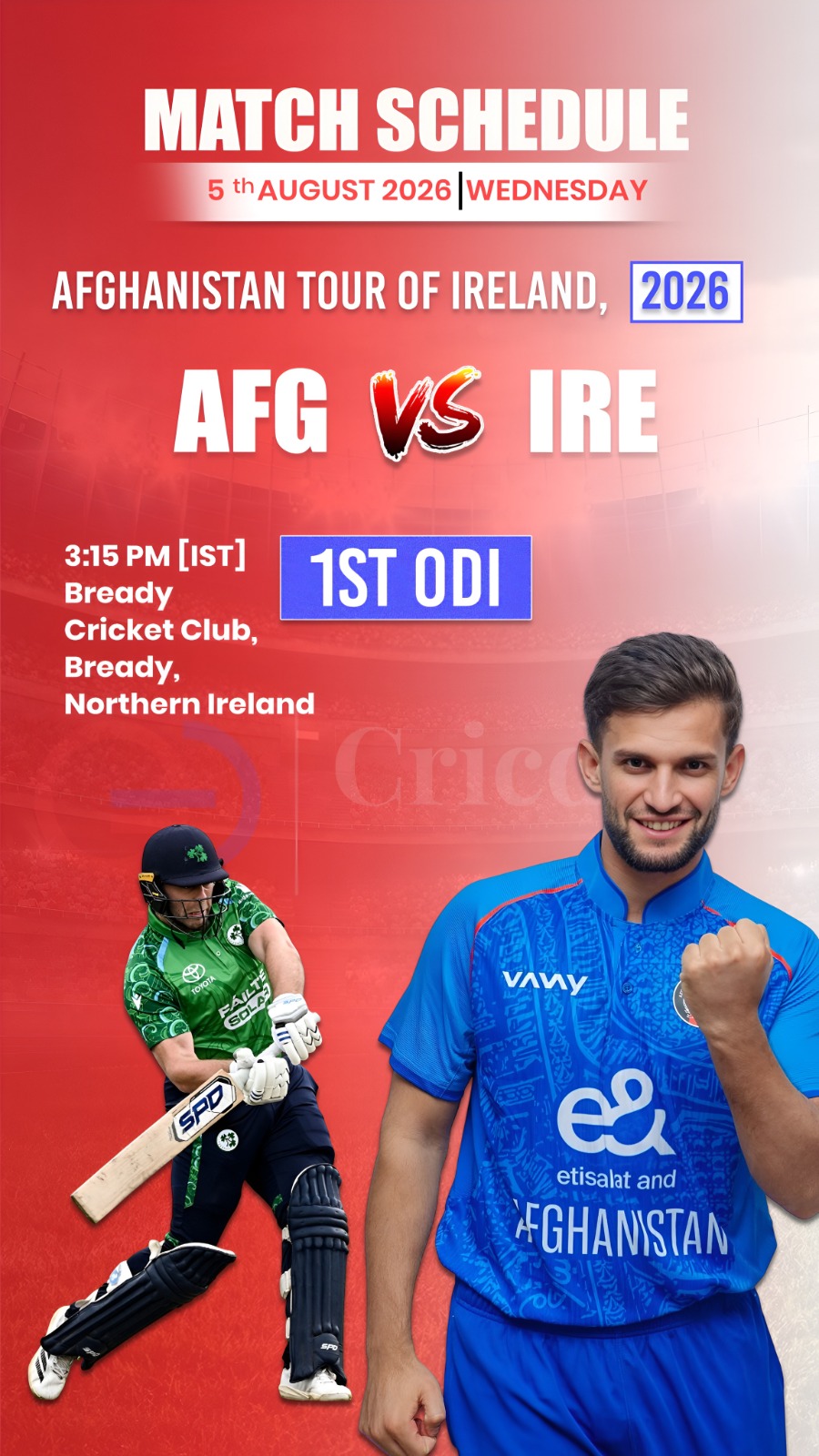 Afghanistan and Ireland clash in the 1st ODI on August 5 at Bready Cricket Club!