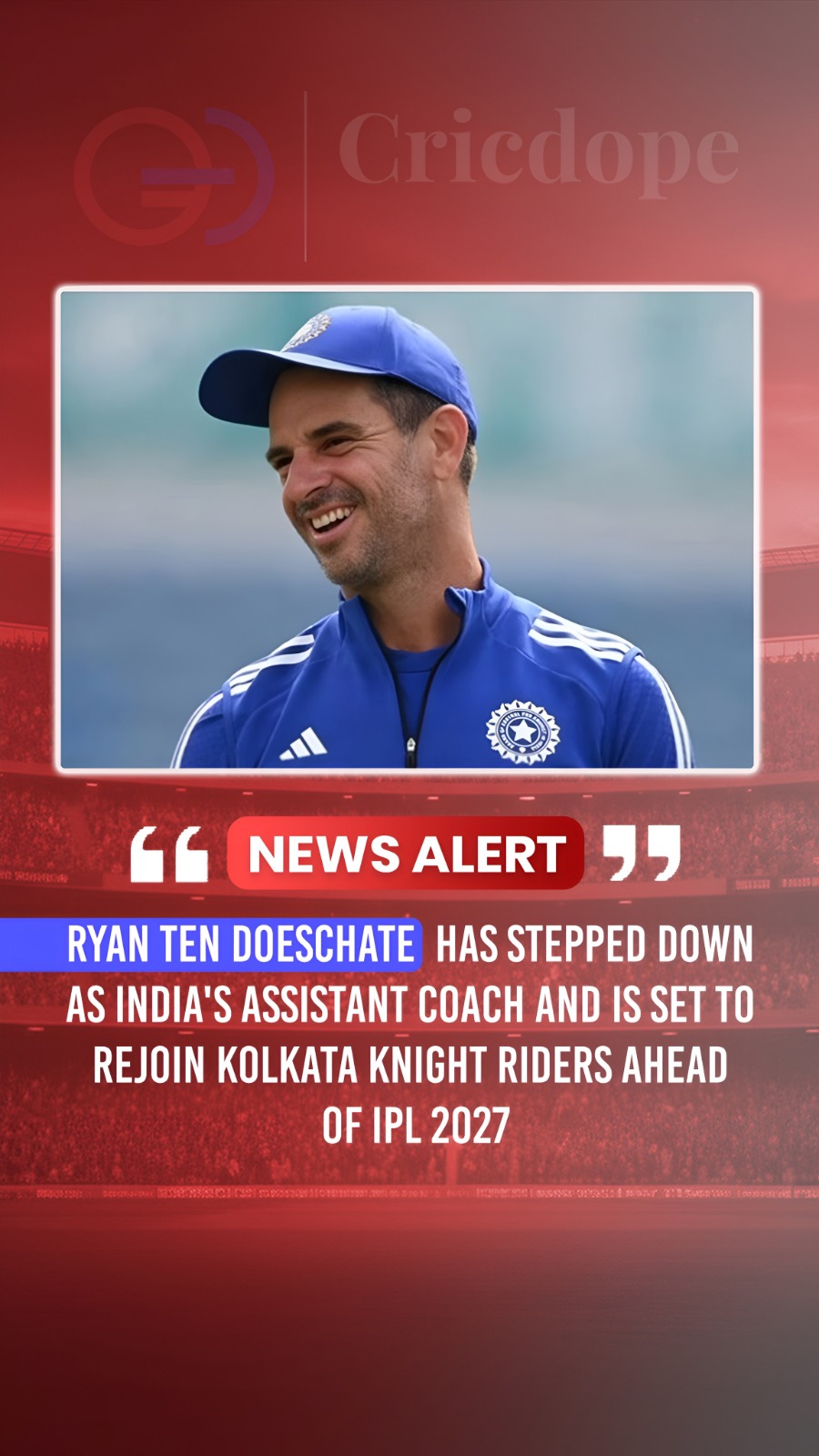 Ryan ten Doeschate steps down as India assistant coach, set to rejoin KKR for IP