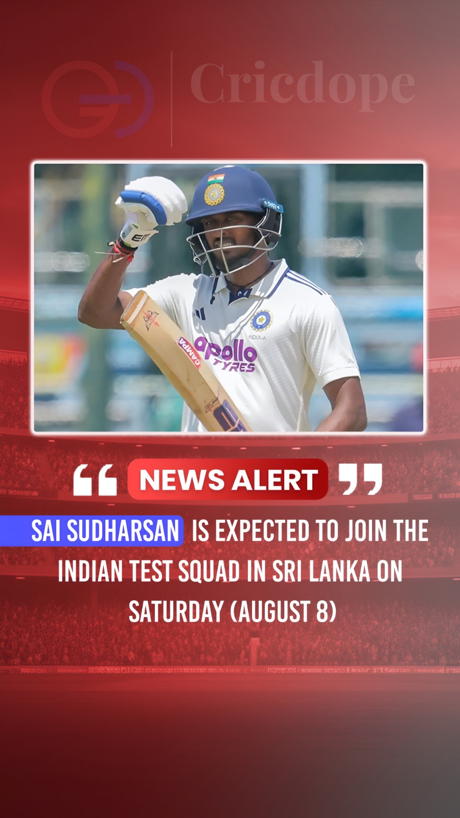 Sai Sudharsan set to join India's Test squad in Sri Lanka on August 8. 🇮🇳🏏