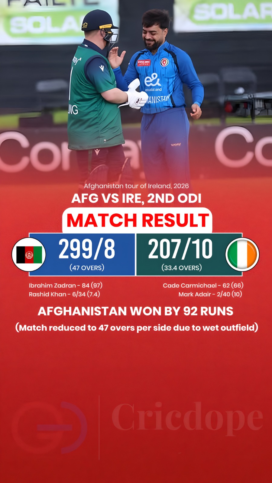 Afghanistan beat Ireland by 92 runs as Ibrahim Zadran and Rashid Khan shine in t