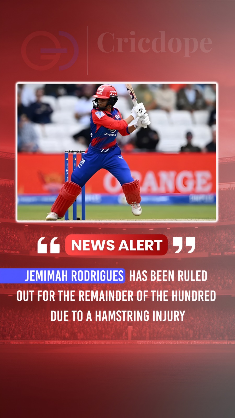 Jemimah Rodrigues ruled out of The Hundred with a hamstring injury. 🇮🇳🏏🩹