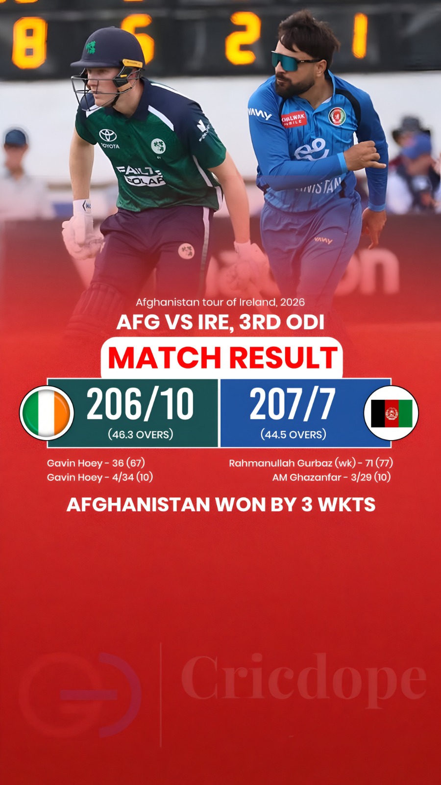 Afghanistan beat Ireland by 3 wickets, with Gurbaz's 71 and Ghazanfar's 3/29 shi