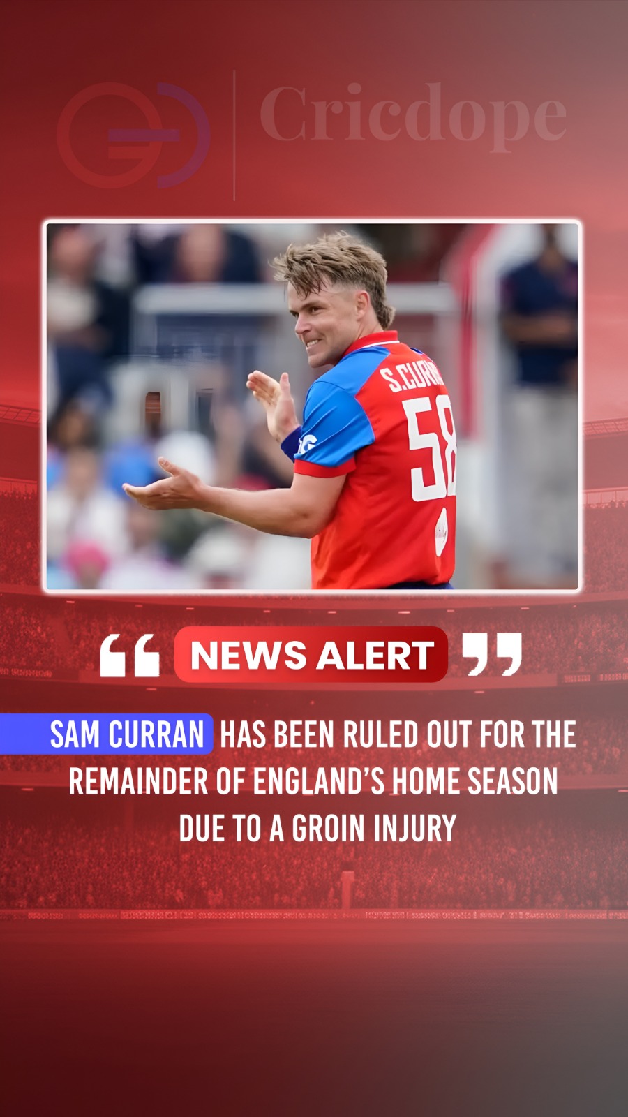 🏴 Sam Curran ruled out for England's home season with a groin injury. Wishing h