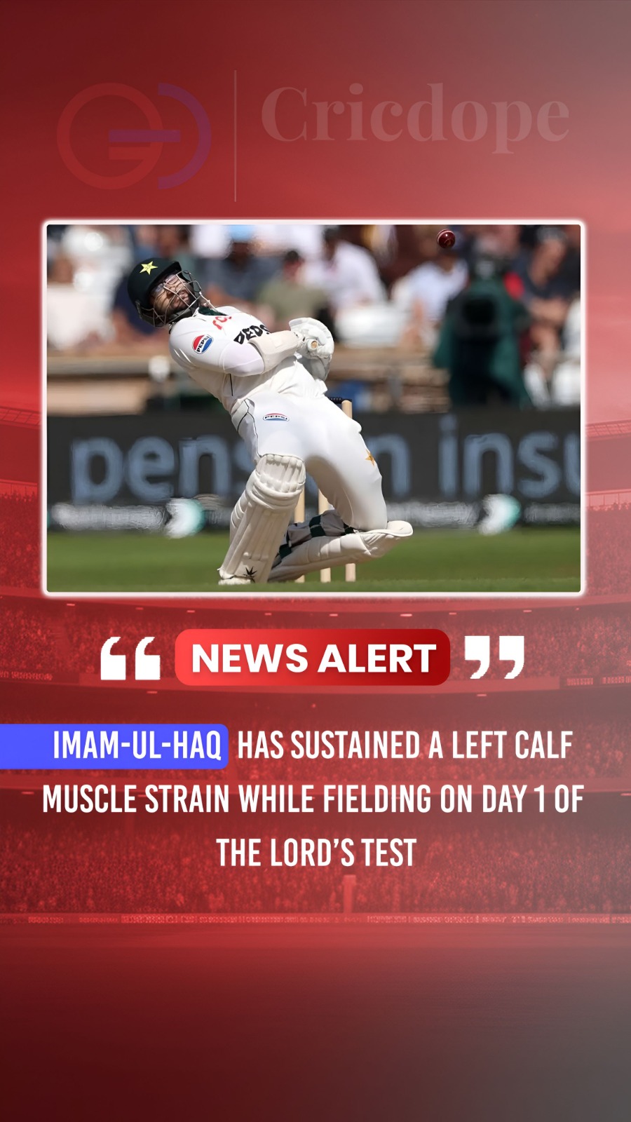 Imam-ul-Haq suffers a left calf strain while fielding in the Lord’s Test.