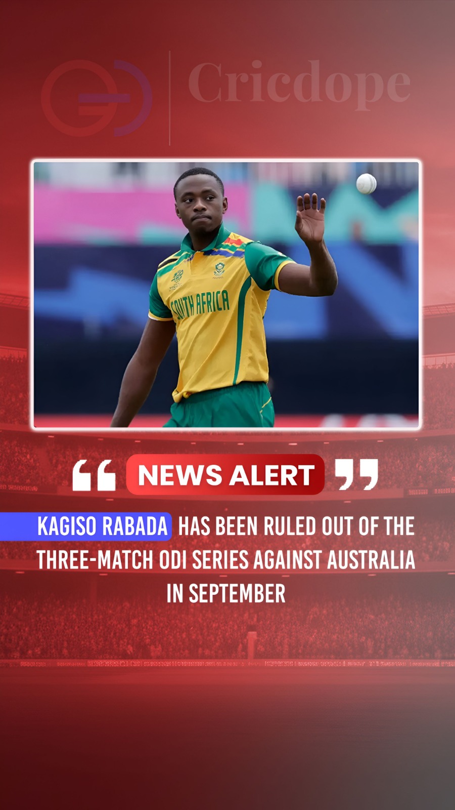 Kagiso Rabada ruled out of South Africa's ODI series against Australia.