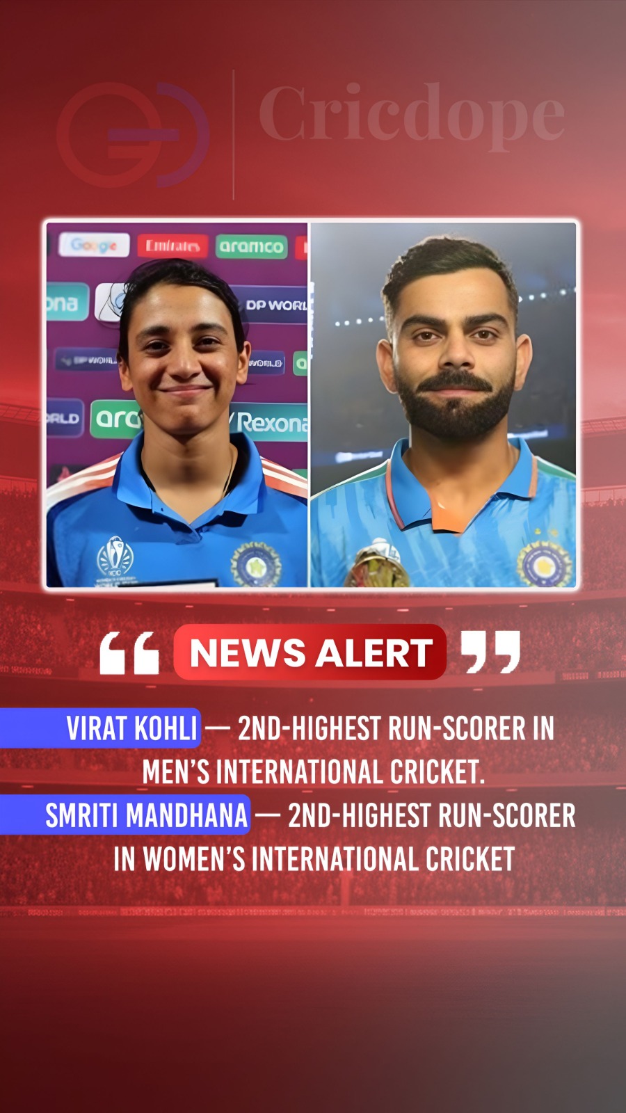 🇮🇳👑 Virat Kohli & Smriti Mandhana rank 2nd-highest in international cricket!