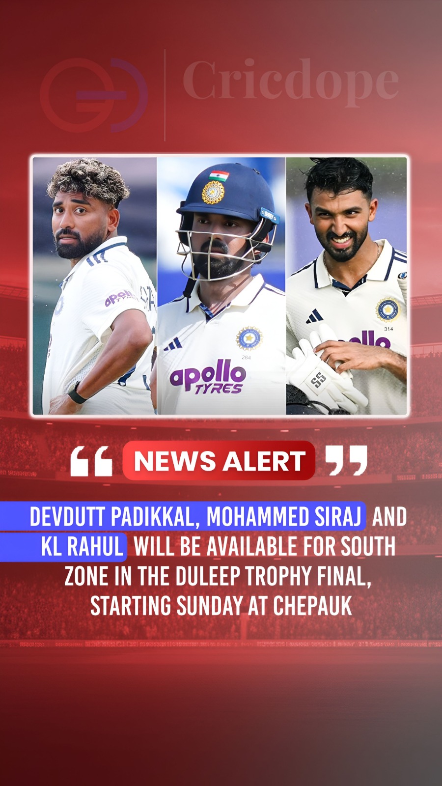 🇮🇳🔥 Padikkal, Siraj & Rahul set to feature for South Zone in the Duleep Troph