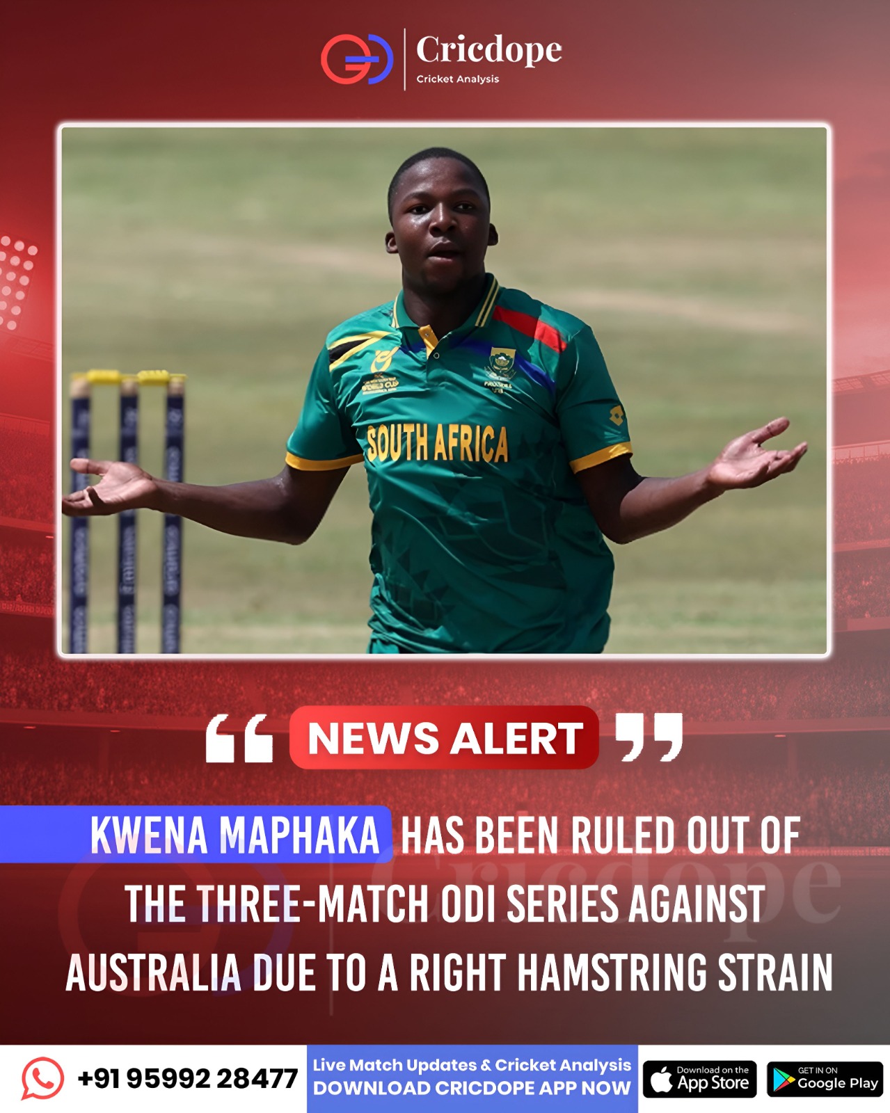 Kwena Maphaka ruled out of South Africa’s ODI series against Australia with a ha