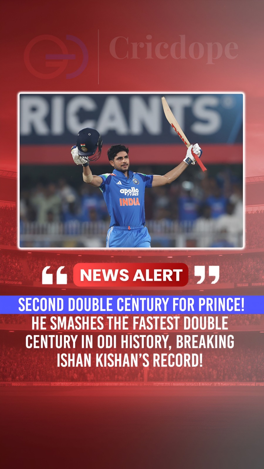 🇮🇳👑 Shubman Gill hits his 2nd ODI double ton, breaking Ishan Kishan’s fastest