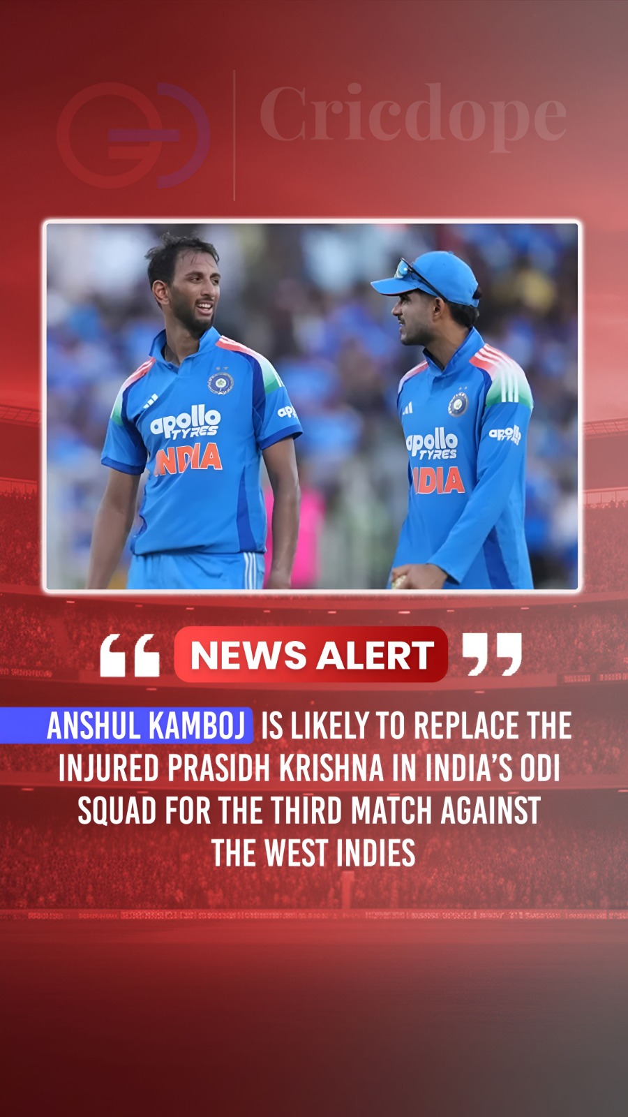 🇮🇳⚡ Anshul Kamboj likely to replace injured Prasidh Krishna for final ODI vs W