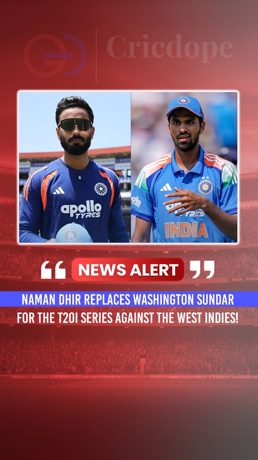 🇮🇳⚡ Naman Dhir replaces Washington Sundar for the T20I series vs West Indies!