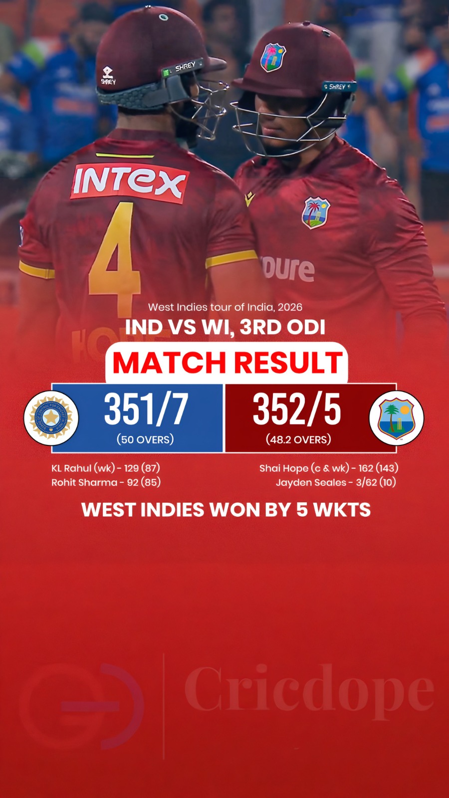 🌴🔥 West Indies beat India in a thrilling final ODI! Shai Hope & Seales shine!