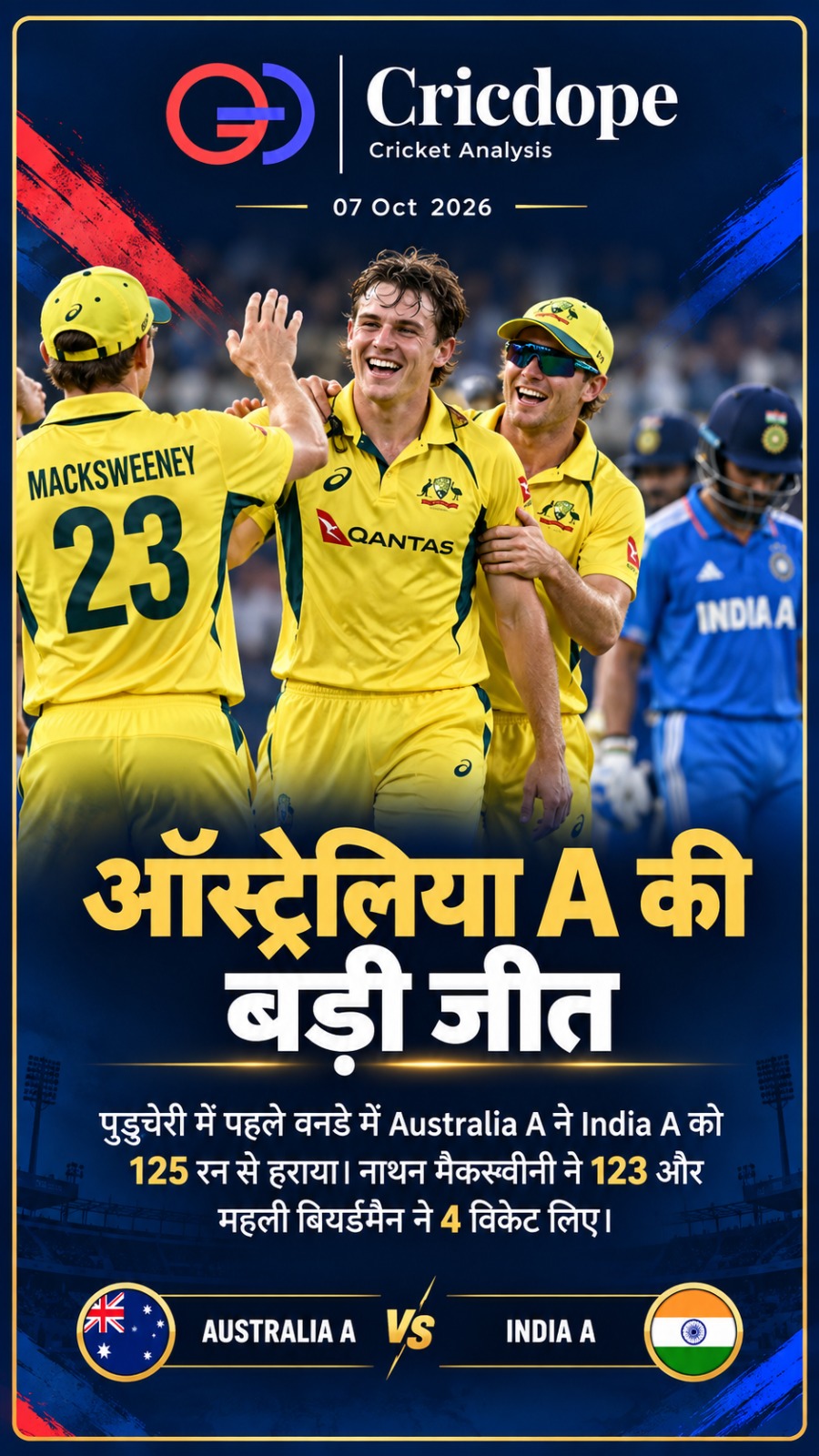Australia A ki shandar jeet! 🏏🔥 Puducherry me 125 run se India A ko haraya.